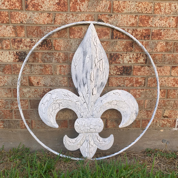 24",36" FLEUR DE LIS METAL CRACKLE WHITE WESTERN HOME DECOR HANDMADE WALL ART NEW