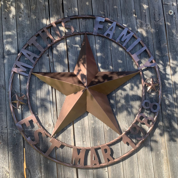 MATHIS STYLE CUSTOM STAR NAME BARN STAR METAL 3d STAR TWISTED ROPE RING WESTERN HOME DECOR RUSTIC BRONZE HANDMADE 24",32",36",50"