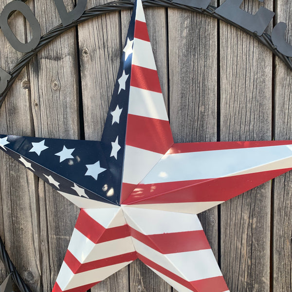 GOD BLESS AMERICA USA FLAG 3d STAR METAL BARN STAR LONE STAR TWISTED ROPE RING WALL ART WESTERN HOME DECOR RED WHITE & BLUE HANDMADE NEW #EH10490