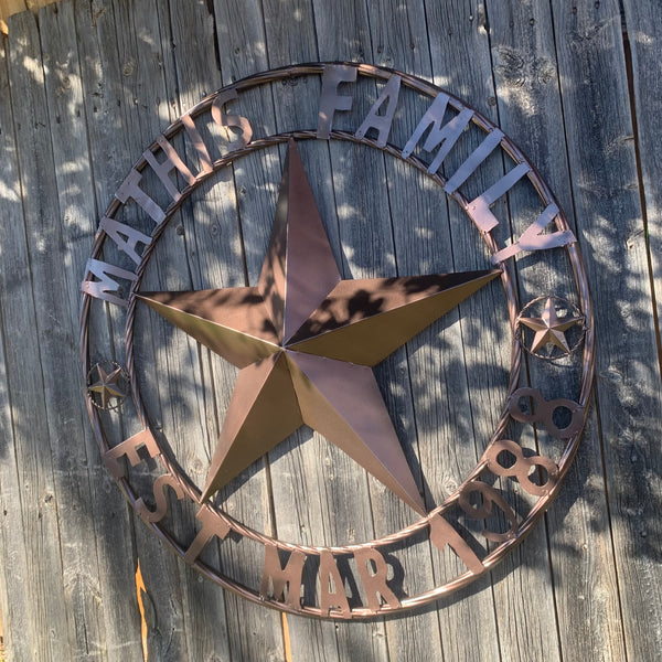 MATHIS STYLE CUSTOM STAR NAME BARN STAR METAL 3d STAR TWISTED ROPE RING WESTERN HOME DECOR RUSTIC BRONZE HANDMADE 24",32",36",50"