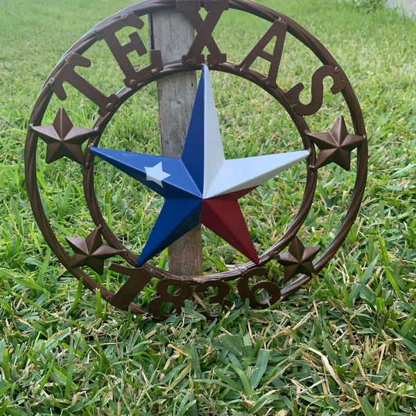 TEXAS FLAG STAR RED WHT BLUE STAR & BRONZE COPPER RING 1836 TEXAS METAL BARN LONE STAR WESTERN HOME DECOR HANDMADE NEW 12",18",24",32",36",50"