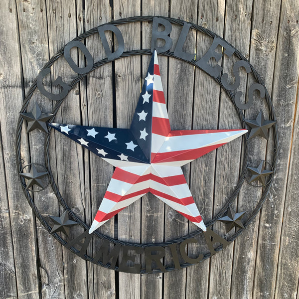 GOD BLESS AMERICA USA FLAG 3d STAR METAL BARN STAR LONE STAR TWISTED ROPE RING WALL ART WESTERN HOME DECOR RED WHITE & BLUE HANDMADE NEW #EH10490