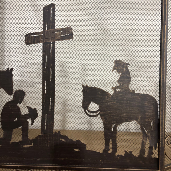 PRAYING COWBOY CHURCH METAL FIREPLACE SCREEN 39" X 34" WESTERN HOME DECOR HANDMADE #EH80004