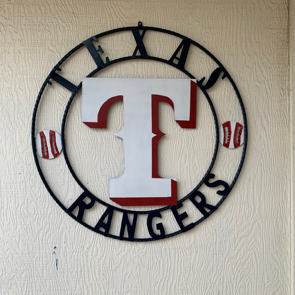 TEXAS RANGERS CUSTOM METAL VINTAGE CRAFT TEAM SIGN WHITE & RED & NAVY BLUE RING HANDMADE