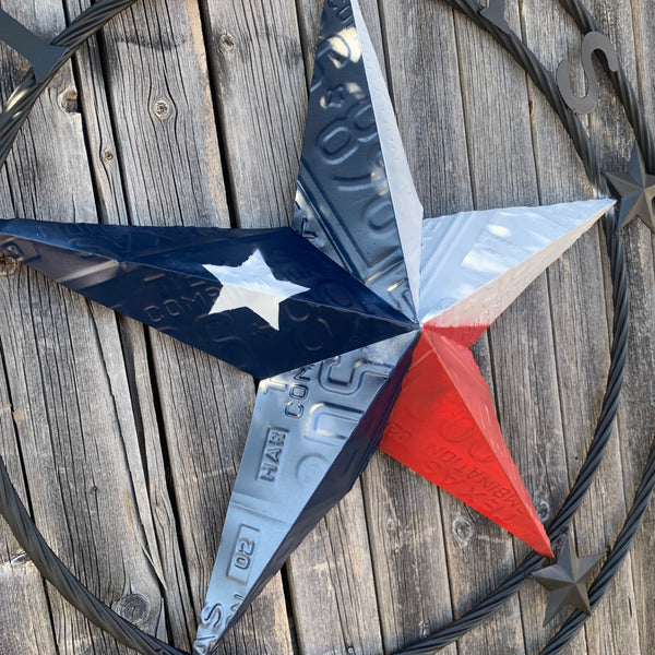 TEXAS LICENSE PLATE BARN STAR METAL LONE STAR TWISTED BLACK RING & LETTERS WESTERN HOME DECOR HANDMADE NEW