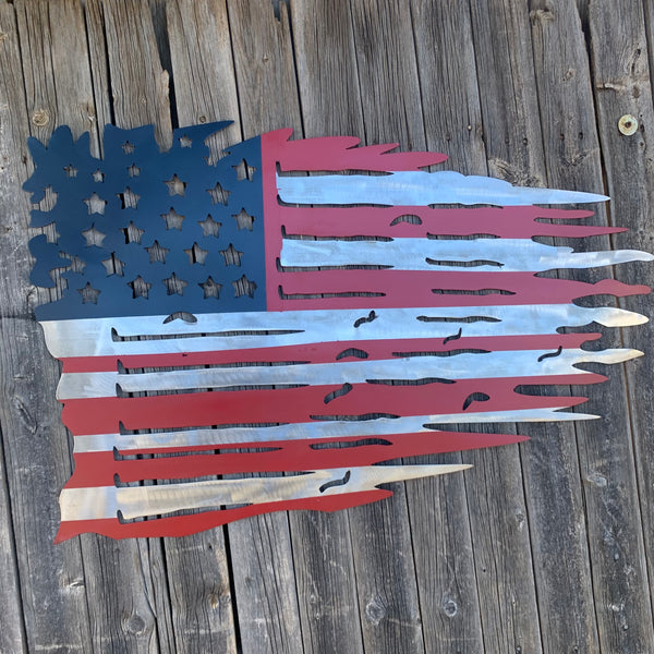 USA TATTERED AMERICAN FLAG METAL WALL ART WESTERN HOME DECOR HANDMADE NEW
