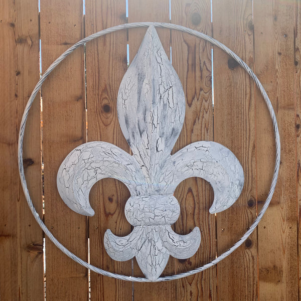 24",36" FLEUR DE LIS METAL CRACKLE WHITE WESTERN HOME DECOR HANDMADE WALL ART NEW