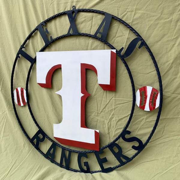 TEXAS RANGERS CUSTOM METAL VINTAGE CRAFT TEAM SIGN WHITE & RED & NAVY BLUE RING HANDMADE