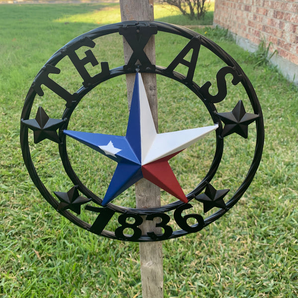 TEXAS FLAG STAR RED WHT BLUE STAR & BLACK RING METAL BARN LONE STAR WESTERN HOME DECOR HANDMADE NEW 12",18",24",36",50"