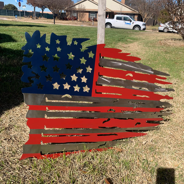 USA TATTERED AMERICAN FLAG METAL WALL ART WESTERN HOME DECOR HANDMADE NEW
