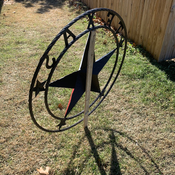 TEXAS LICENSE PLATE BARN STAR METAL LONE STAR TWISTED BLACK RING & LETTERS WESTERN HOME DECOR HANDMADE NEW