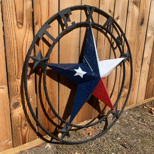 TEXAS LICENSE PLATE BARN STAR METAL LONE STAR TWISTED BLACK RING & LETTERS WESTERN HOME DECOR HANDMADE NEW