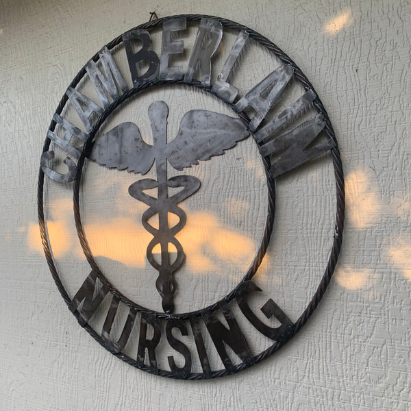 CUSTOM NAME CHAMBERLAIN NURSING STYLE TWISTIED RING BARN RUSTIC BRONZE METAL SIGN WESTERN HOME DECOR HANDMADE 24",32",36"
