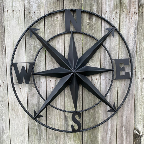 36" COMPASS RUSTIC BLACK METAL SIGN WALL ART WESTERN HOME DECOR HANDMADE NEW