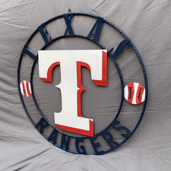 TEXAS RANGERS CUSTOM METAL VINTAGE CRAFT TEAM SIGN WHITE & RED & NAVY BLUE RING HANDMADE