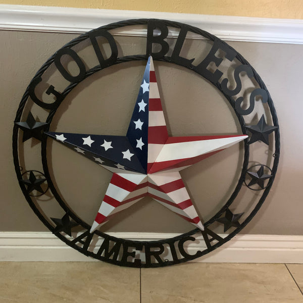 GOD BLESS AMERICA USA FLAG 3d STAR METAL BARN STAR LONE STAR TWISTED ROPE RING WALL ART WESTERN HOME DECOR RED WHITE & BLUE HANDMADE NEW #EH10490