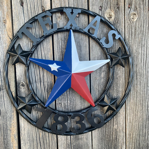 TEXAS FLAG STAR RED WHT BLUE STAR & BLACK RING METAL BARN LONE STAR WESTERN HOME DECOR HANDMADE NEW 12",18",24",36",50"