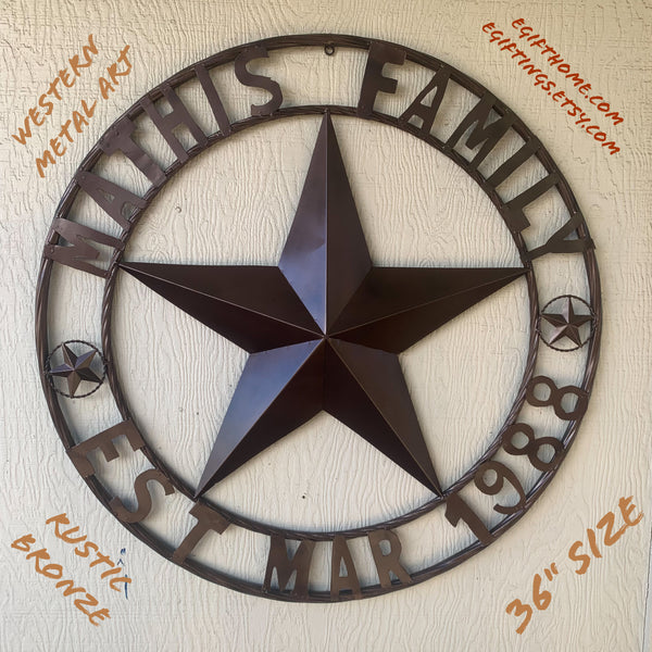 MATHIS STYLE CUSTOM STAR NAME BARN STAR METAL 3d STAR TWISTED ROPE RING WESTERN HOME DECOR RUSTIC BRONZE HANDMADE 24",32",36",50"