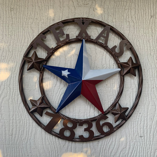 TEXAS FLAG STAR RED WHT BLUE STAR & BRONZE COPPER RING 1836 TEXAS METAL BARN LONE STAR WESTERN HOME DECOR HANDMADE NEW 12",18",24",32",36",50"