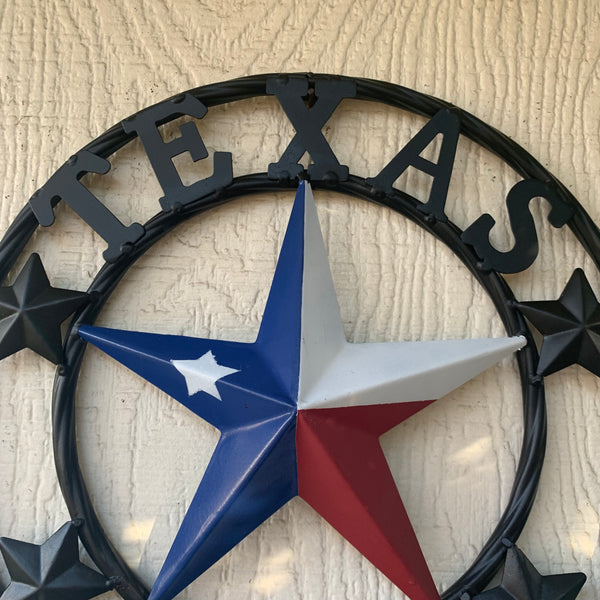 TEXAS FLAG STAR RED WHT BLUE STAR & BLACK RING METAL BARN LONE STAR WESTERN HOME DECOR HANDMADE NEW 12",18",24",36",50"