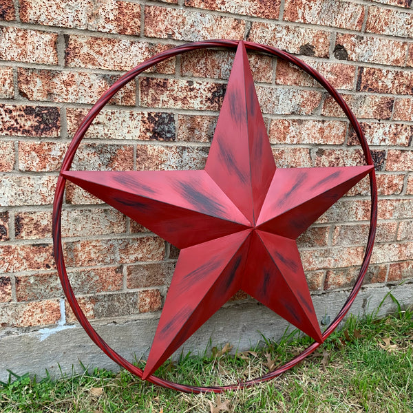 RED DISTRESSED STAR TWO TONE TEXTURE BARN STAR METAL LONESTAR TWISTED ROPE RING WESTERN HOME DECOR HANDMADE NEW