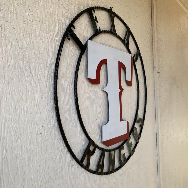 TEXAS RANGERS CUSTOM METAL VINTAGE CRAFT TEAM SIGN WHITE & RED WITH BLACK RING HANDMADE