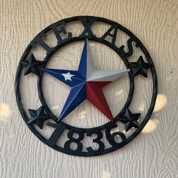 TEXAS FLAG STAR RED WHT BLUE STAR & BLACK RING METAL BARN LONE STAR WESTERN HOME DECOR HANDMADE NEW 12",18",24",36",50"