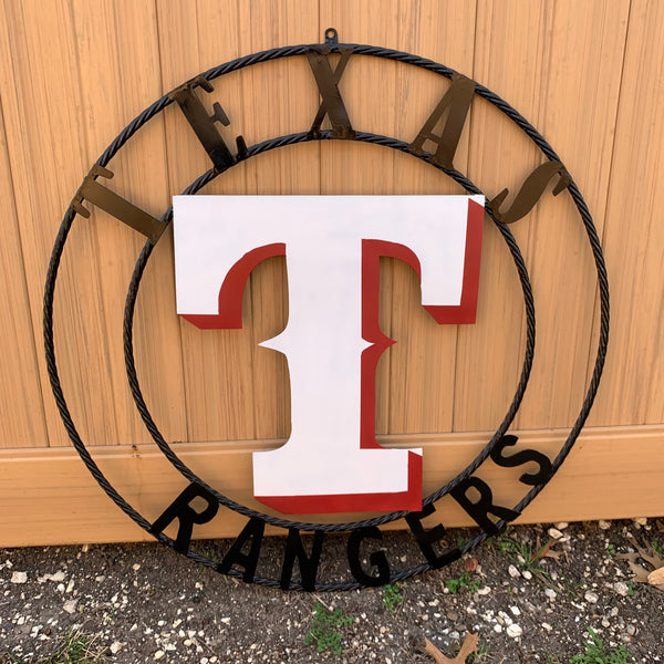 TEXAS RANGERS CUSTOM METAL VINTAGE CRAFT TEAM SIGN WHITE & RED WITH BLACK RING HANDMADE