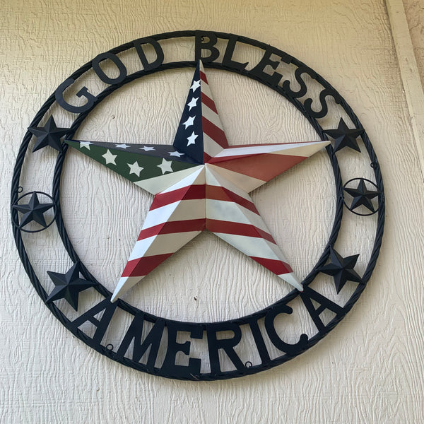 GOD BLESS AMERICA USA FLAG 3d STAR METAL BARN STAR LONE STAR TWISTED ROPE RING WALL ART WESTERN HOME DECOR RED WHITE & BLUE HANDMADE NEW #EH10490