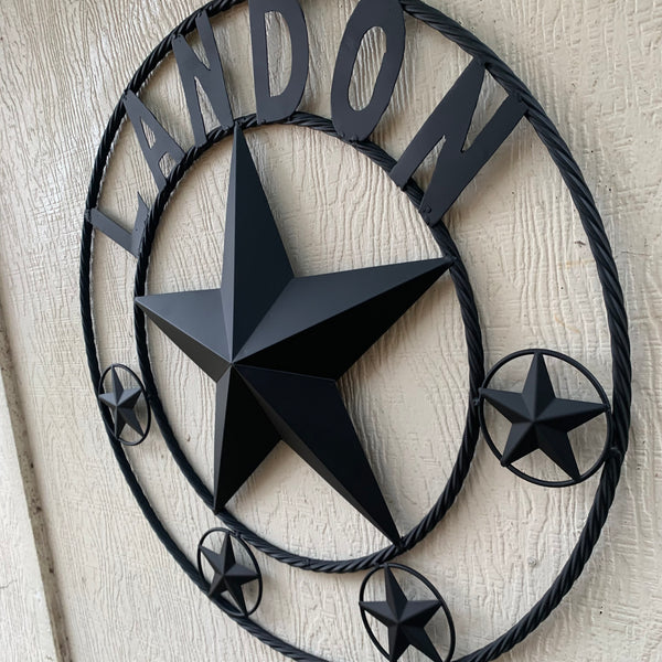LANDON STYLE CUSTOM NAME STAR BARN METAL STAR 3d TWISTED ROPE RING WESTERN HOME DECOR RUSTIC BLACK HANDMADE 24",32",36",50"