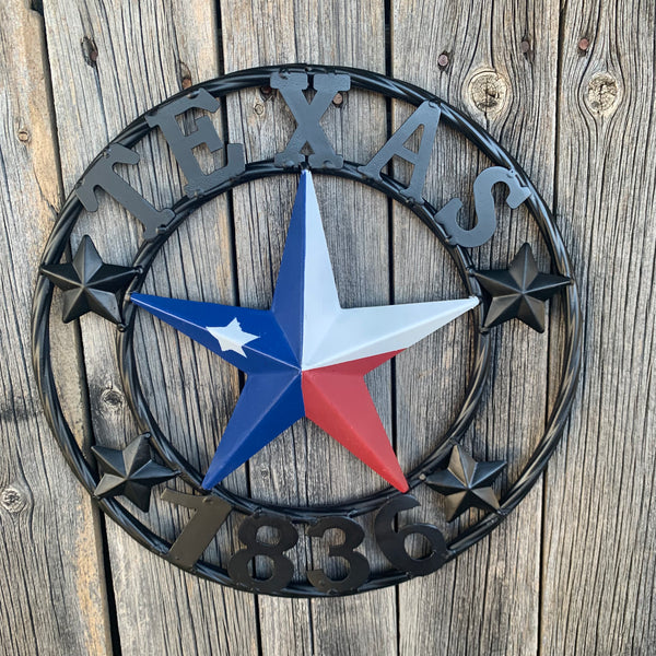 TEXAS FLAG STAR RED WHT BLUE STAR & BLACK RING METAL BARN LONE STAR WESTERN HOME DECOR HANDMADE NEW 12",18",24",36",50"