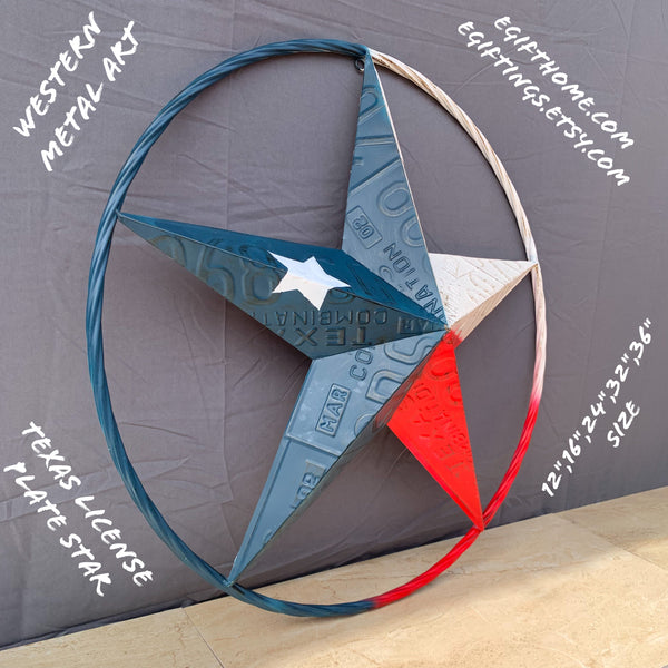 TEXAS LICENSE PLATE STAR RED WHITE & BLUE BARN METAL LONE STAR WESTERN HOME DECOR HANDMADE NEW 12",16",24",32",36"