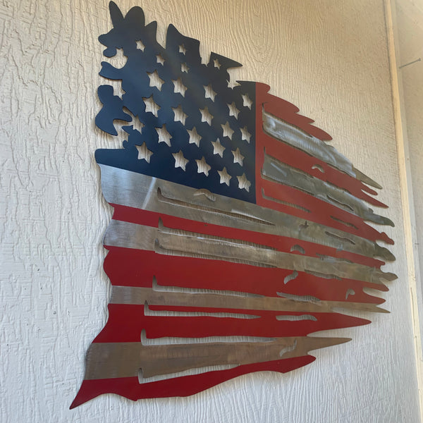 USA TATTERED AMERICAN FLAG METAL WALL ART WESTERN HOME DECOR HANDMADE NEW