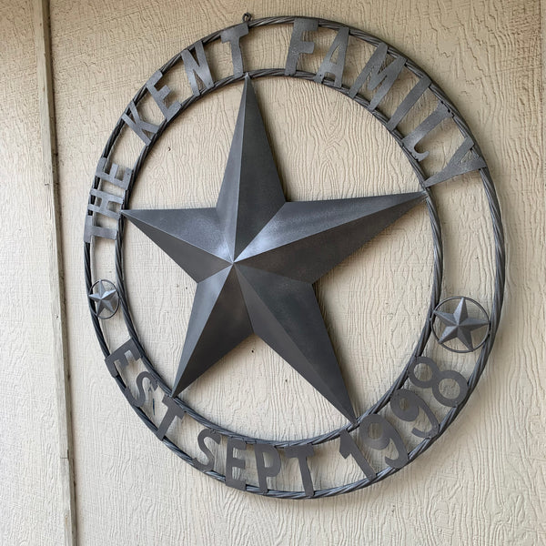 KENT STYLE CUSTOM STAR NAME BARN METAL STAR 3d TWISTED ROPE RING WESTERN HOME DECOR RUSTIC GREY SILVER HANDMADE 24",32",36",50"