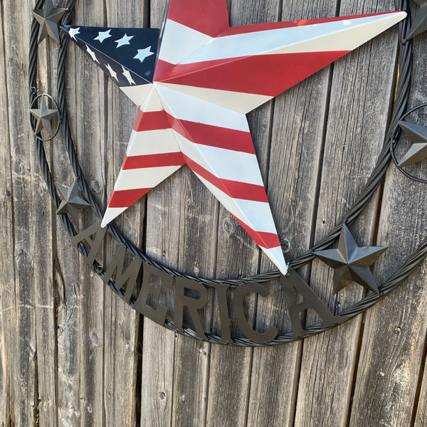 GOD BLESS AMERICA USA FLAG 3d STAR METAL BARN STAR LONE STAR TWISTED ROPE RING WALL ART WESTERN HOME DECOR RED WHITE & BLUE HANDMADE NEW #EH10490