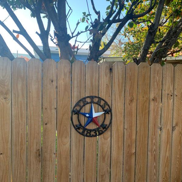 TEXAS FLAG STAR RED WHT BLUE STAR & BLACK RING METAL BARN LONE STAR WESTERN HOME DECOR HANDMADE NEW 12",18",24",36",50"