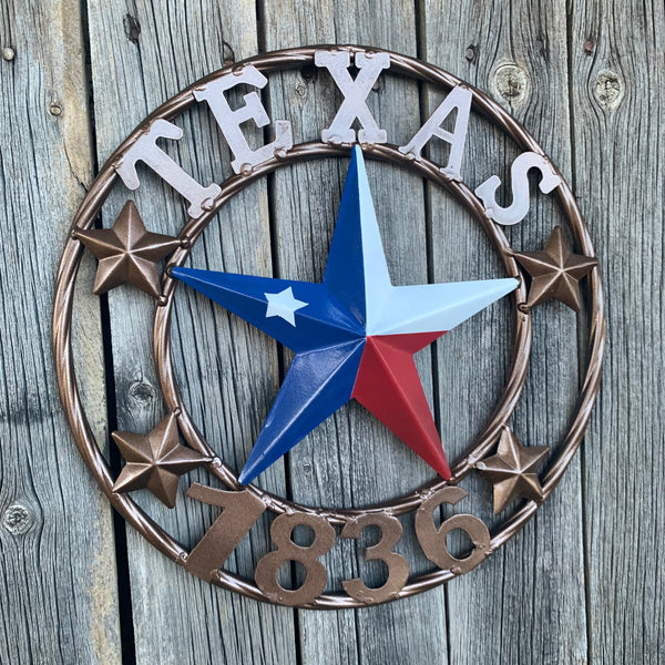 TEXAS FLAG STAR RED WHT BLUE STAR & BRONZE COPPER RING 1836 TEXAS METAL BARN LONE STAR WESTERN HOME DECOR HANDMADE NEW 12",18",24",32",36",50"
