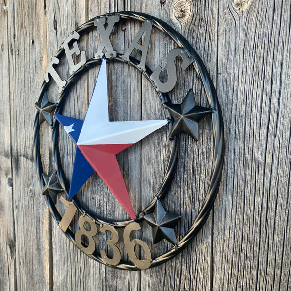 TEXAS FLAG STAR RED WHT BLUE STAR & BLACK RING METAL BARN LONE STAR WESTERN HOME DECOR HANDMADE NEW 12",18",24",36",50"