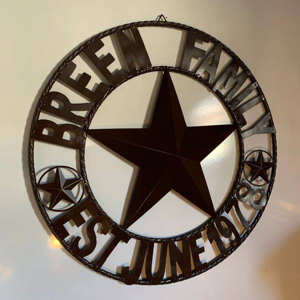 BREEN FAMILY STYLE CUSTOM NAME STAR BARN METAL STAR 3d TWISTED ROPE RING WESTERN HOME DECOR RUSTIC BROWN HANDMADE 24",32",36",50"