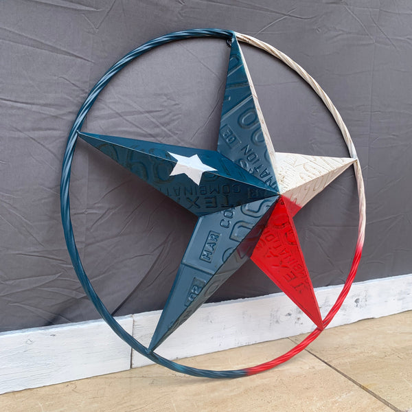 TEXAS LICENSE PLATE STAR RED WHITE & BLUE BARN METAL LONE STAR WESTERN HOME DECOR HANDMADE NEW 12",16",24",32",36"