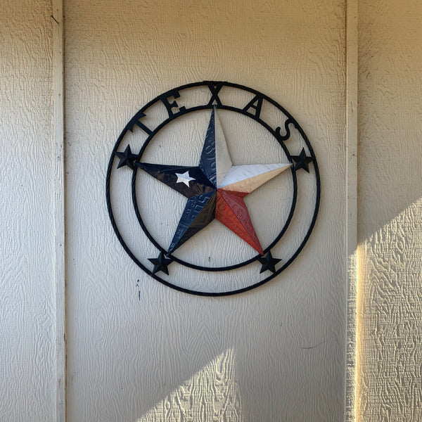 TEXAS LICENSE PLATE BARN STAR METAL LONE STAR TWISTED BLACK RING & LETTERS WESTERN HOME DECOR HANDMADE NEW