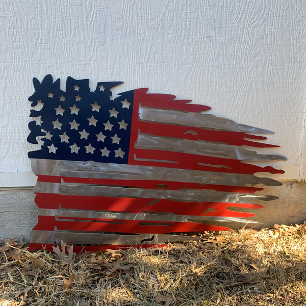 USA TATTERED AMERICAN FLAG METAL WALL ART WESTERN HOME DECOR HANDMADE NEW