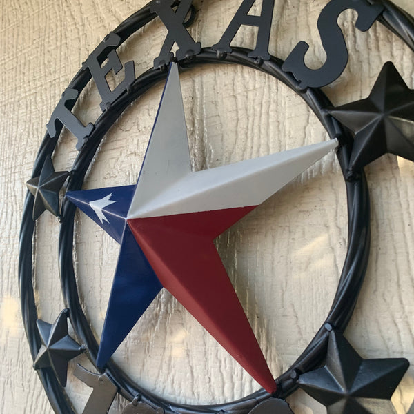 TEXAS FLAG STAR RED WHT BLUE STAR & BLACK RING METAL BARN LONE STAR WESTERN HOME DECOR HANDMADE NEW 12",18",24",36",50"