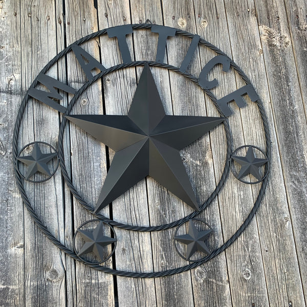 MATTICE STYLE BLACK STAR YOUR CUSTOM NAME BARN METAL STAR 3d TWISTED ROPE RING WESTERN HOME DECOR HANDMADE 24",32",36",50"