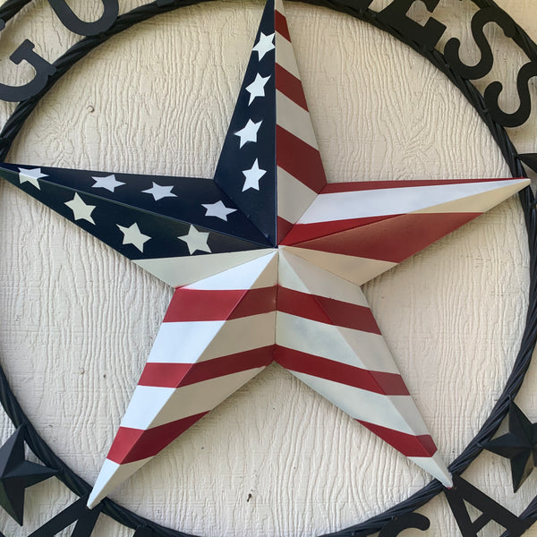 GOD BLESS AMERICA USA FLAG 3d STAR METAL BARN STAR LONE STAR TWISTED ROPE RING WALL ART WESTERN HOME DECOR RED WHITE & BLUE HANDMADE NEW #EH10490