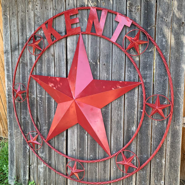 KENT STYLE YOUR CUSTOM STAR METAL NAME RUSTIC BURGUNDY RED CUSTOM 3d STAR METAL NAME BARN STAR TWISTED ROPE RING DESIGN METAL WALL ART HOME DECOR ANY SIZE