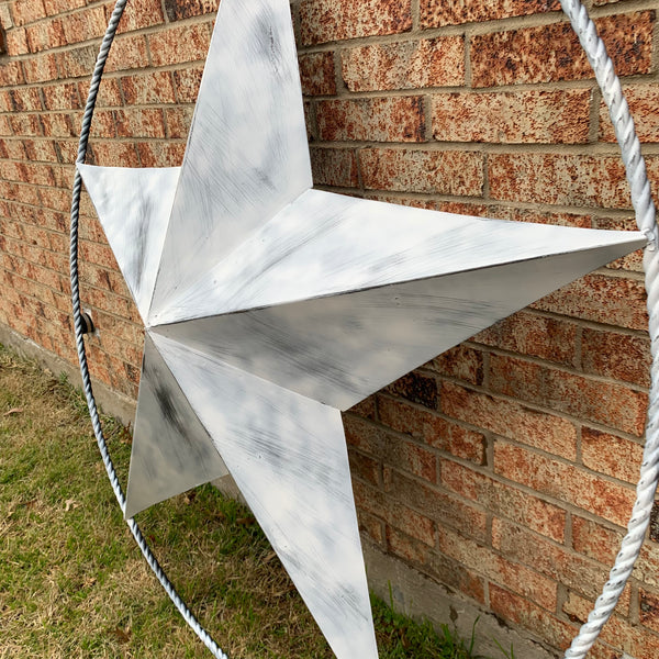 5 FOOT WHITE DISTRESSED STAR TWO TONE TEXTURE BARN STAR METAL LONESTAR TWISTED ROPE RING WESTERN HOME DECOR HANDMADE NEW