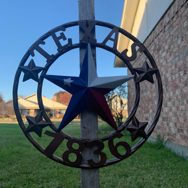 TEXAS FLAG STAR RED WHT BLUE STAR & BRONZE COPPER RING 1836 TEXAS METAL BARN LONE STAR WESTERN HOME DECOR HANDMADE NEW 12",18",24",32",36",50"