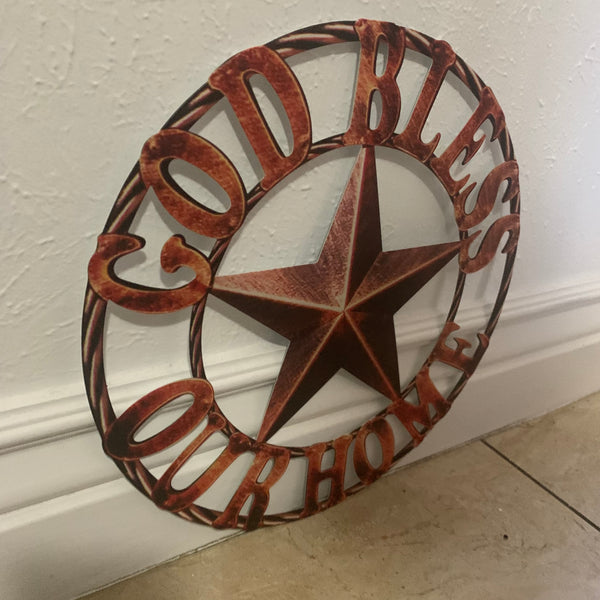 #EH11364 12" GOD BLESS OUR HOME METAL FLAT SIGN NOT 3D STAR LASERCUT ART WESTERN HOME DECOR HANDMADE NEW