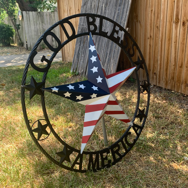 GOD BLESS AMERICA USA FLAG 3d STAR METAL BARN STAR LONE STAR TWISTED ROPE RING WALL ART WESTERN HOME DECOR RED WHITE & BLUE HANDMADE NEW #EH10490